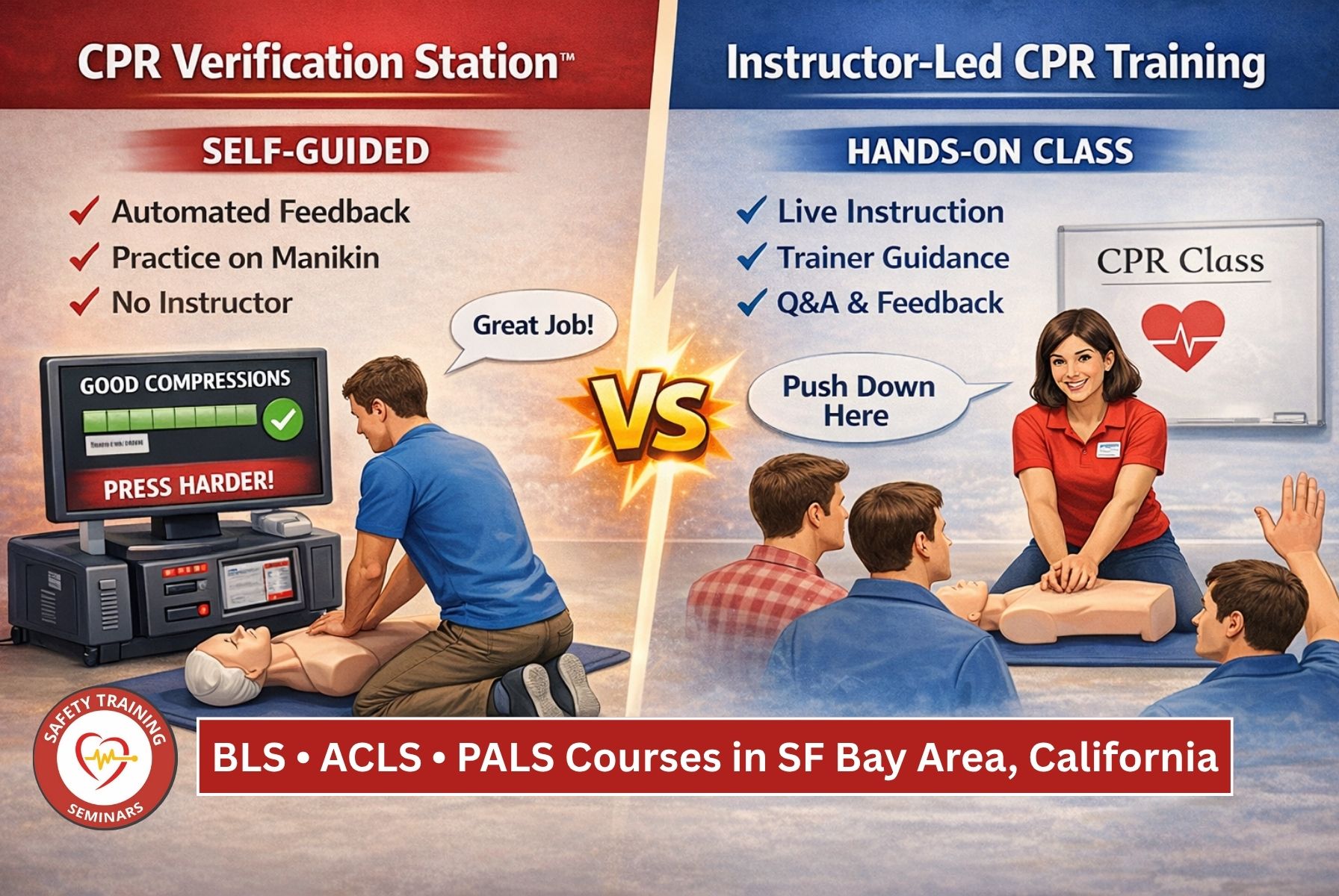 Instructor-Led Training vs. CPR Verification Stations BLS, ACLS, and PALS Courses in SF Bay Area, CA